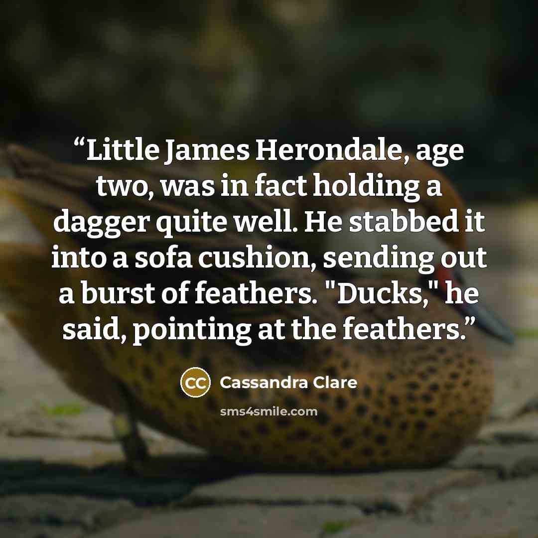 “Little James Herondale, age two, was in fact holding a dagger quite well. He stabbed it into a sofa cushion, sending out a burst of feathers. "Ducks," he said, pointing at the feathers.” quote by Cassandra Clare