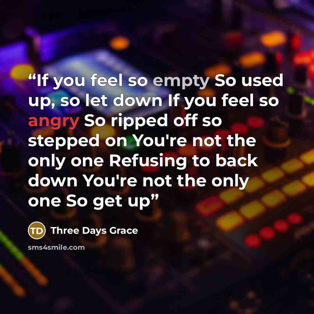 “If you feel so empty So used up, so let down If you feel so angry So ripped off so stepped on You're not the only one Refusing to back down You're not the only one So get up” quote by Three Days Grace
