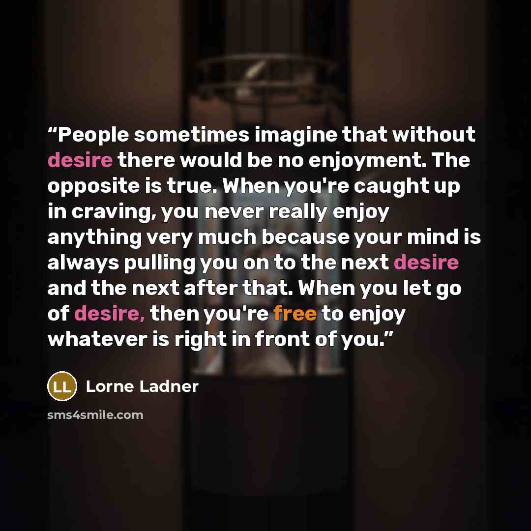 “People sometimes imagine that without desire there would be no enjoyment. The opposite is true. When you're caught up in craving, you never really enjoy anything very much because your mind is always pulling you on to the next desire and the next after that. When you let go of desire, then you're…” quote by Lorne Ladner