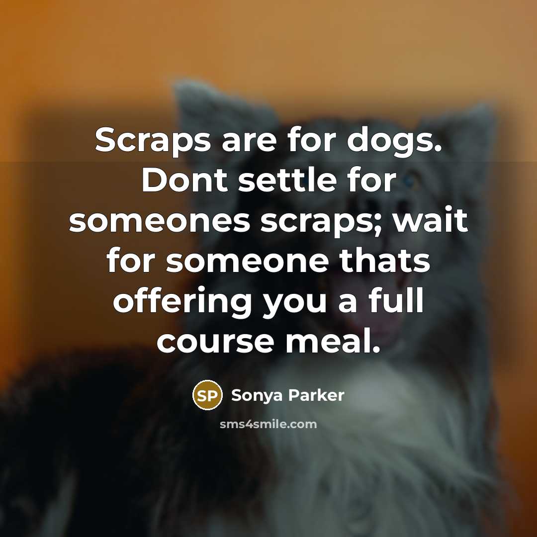 “Scraps are for dogs. Dont settle for someones scraps; wait…” quote by Sonya Parker