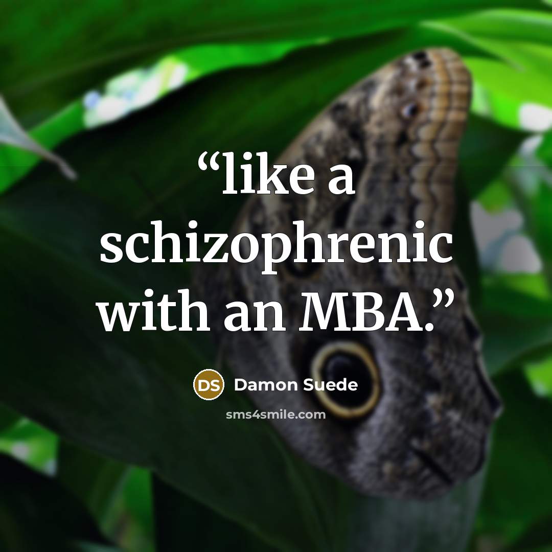 “like a schizophrenic with an MBA.” quote by Damon Suede