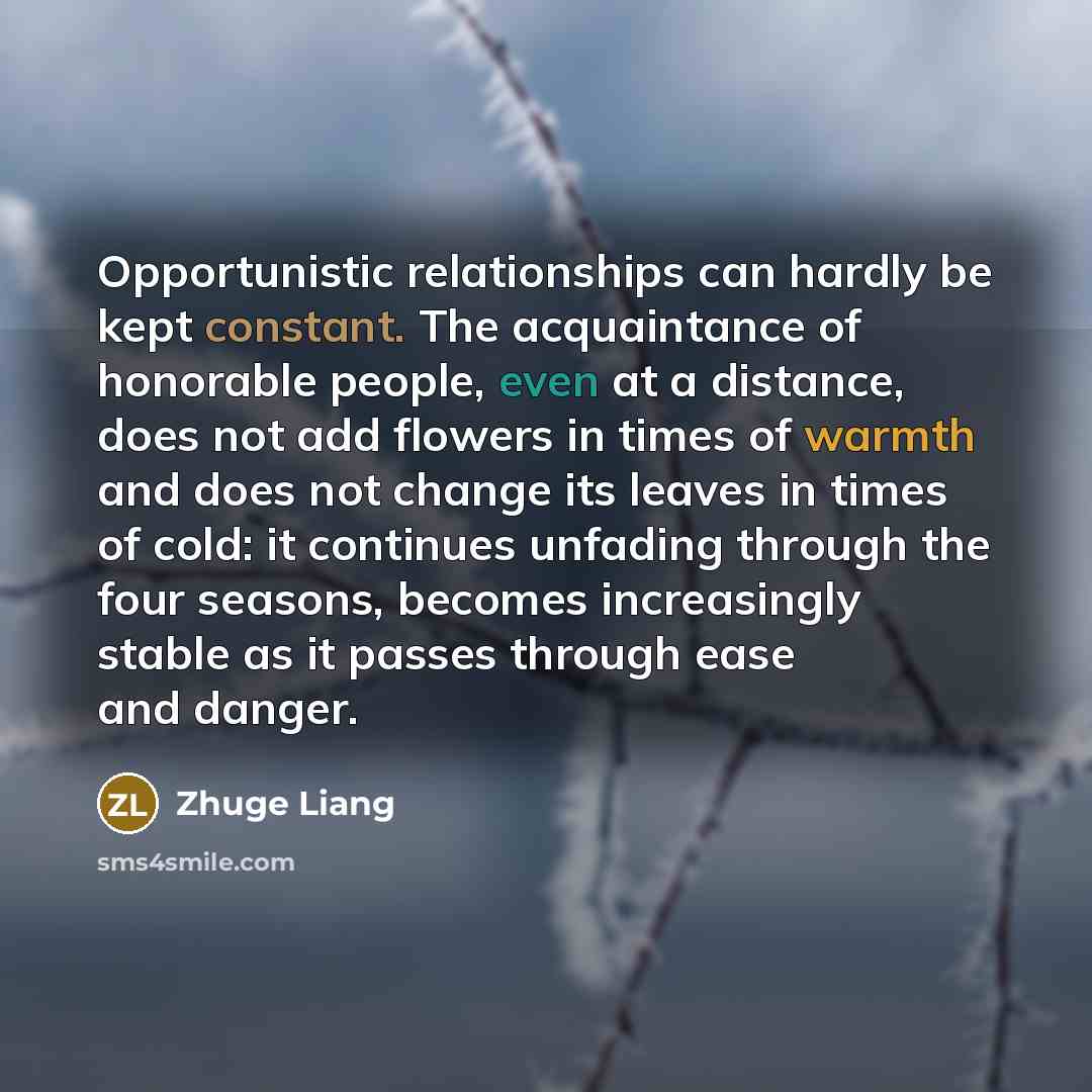 “Opportunistic relationships can hardly be kept constant. The acquaintance of…” quote by Zhuge Liang