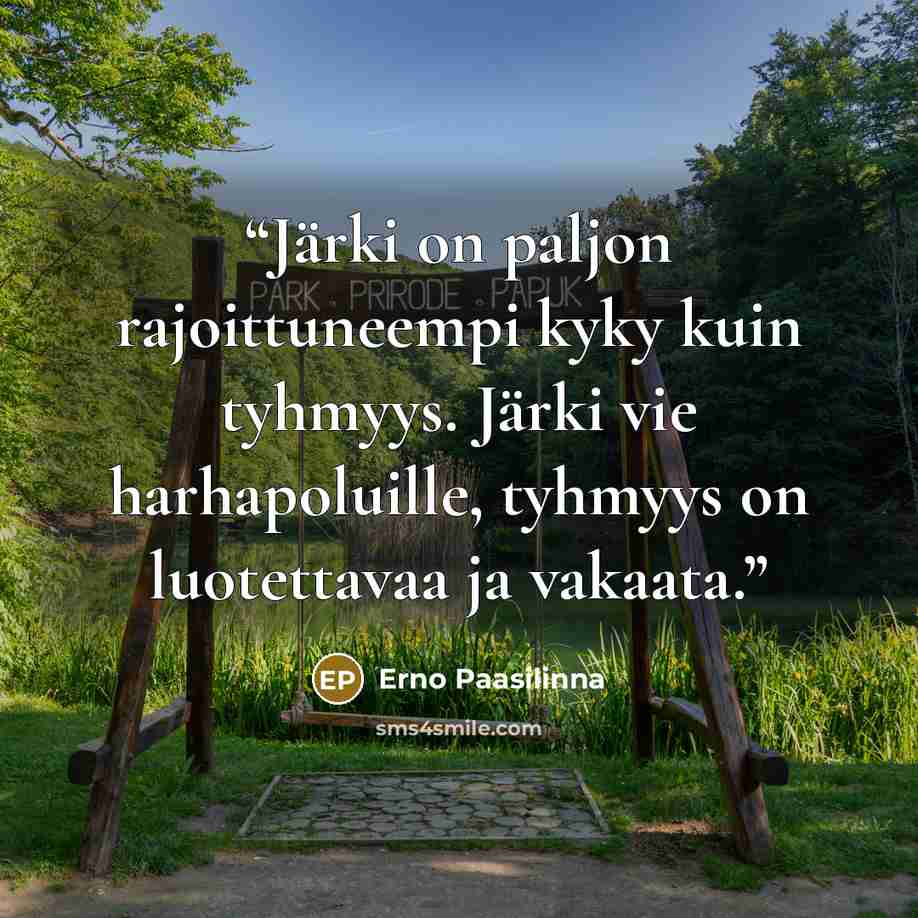 “Järki on paljon rajoittuneempi kyky kuin tyhmyys. Järki vie harhapoluille, tyhmyys on luotettavaa ja vakaata.” quote by Erno Paasilinna
