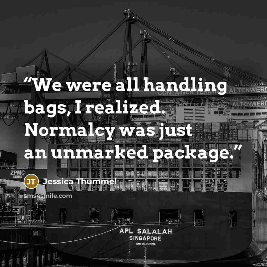 “We were all handling bags, I realized. Normalcy was just an unmarked package.” quote by Jessica Thummel