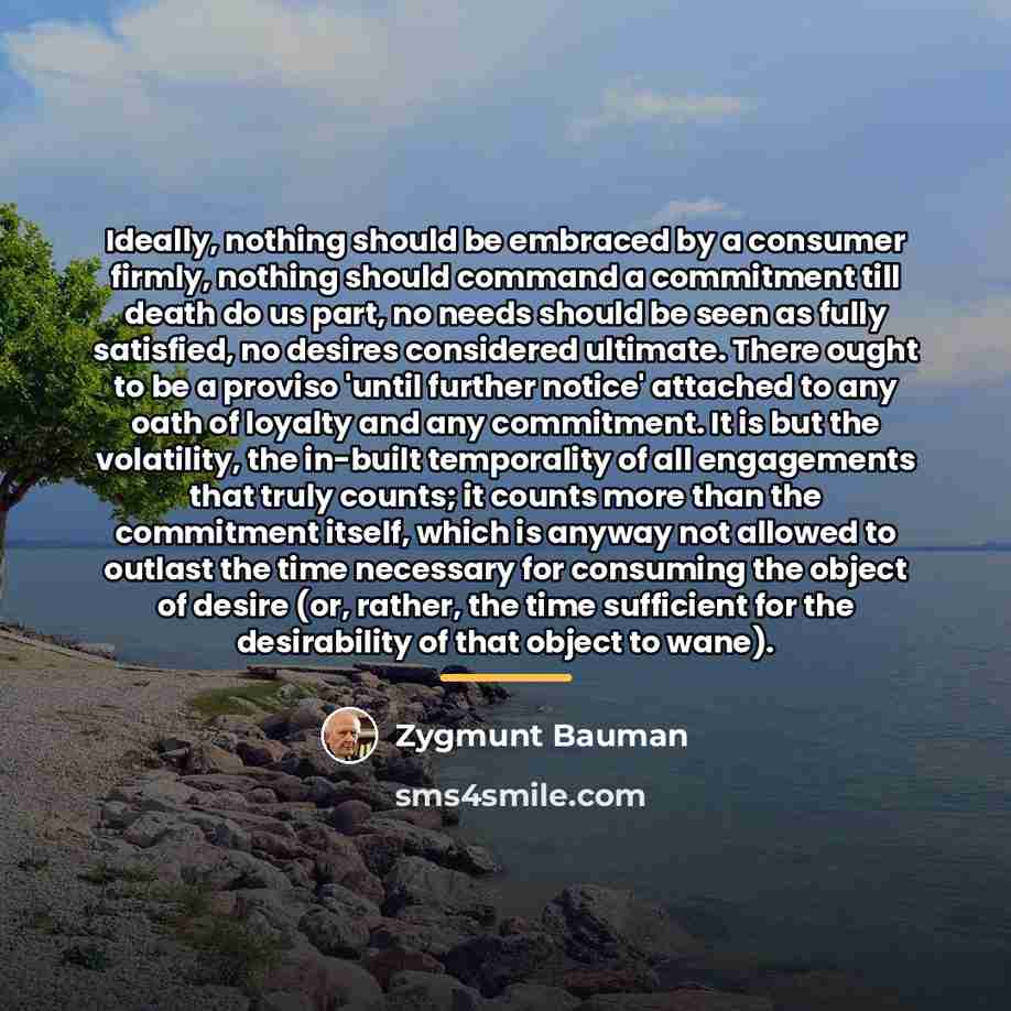 “Ideally, nothing should be embraced by a consumer firmly, nothing…” quote by Zygmunt Bauman