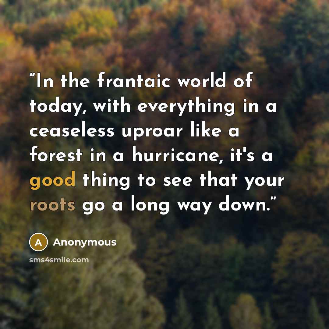 “In the frantaic world of today, with everything in a ceaseless uproar like a forest in a hurricane, it's a good thing to see that your roots go a long way down.” quote by Anonymous