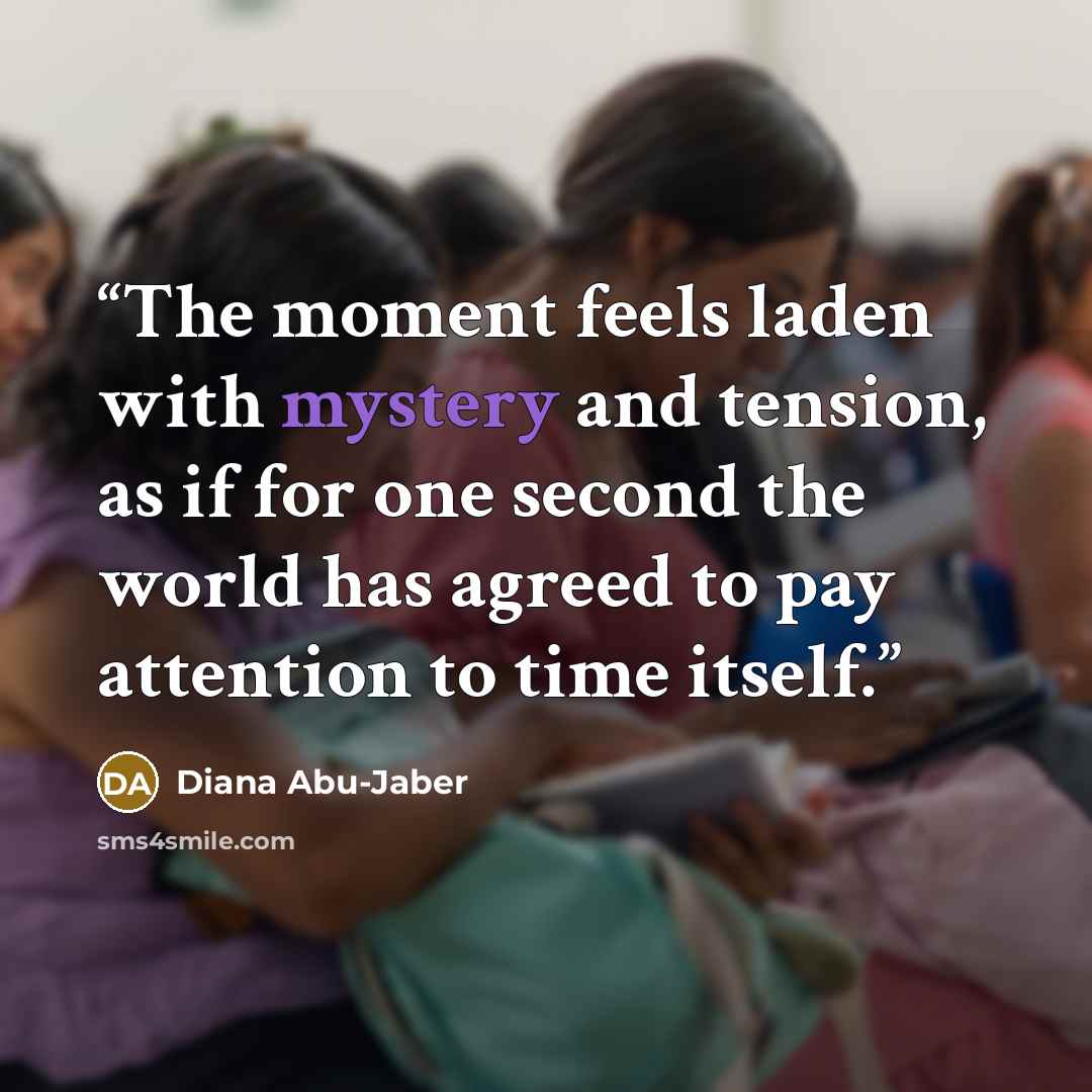 “The moment feels laden with mystery and tension, as if for one second the world has agreed to pay attention to time itself.” quote by Diana Abu-Jaber