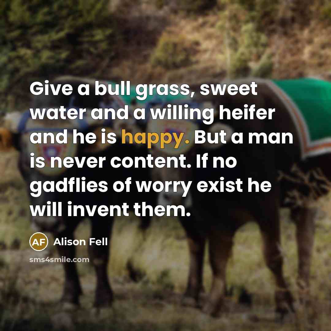 “Give a bull grass, sweet water and a willing heifer and he is happy. But a man is never content. If no gadflies of worry exist he will invent them.” quote by Alison Fell
