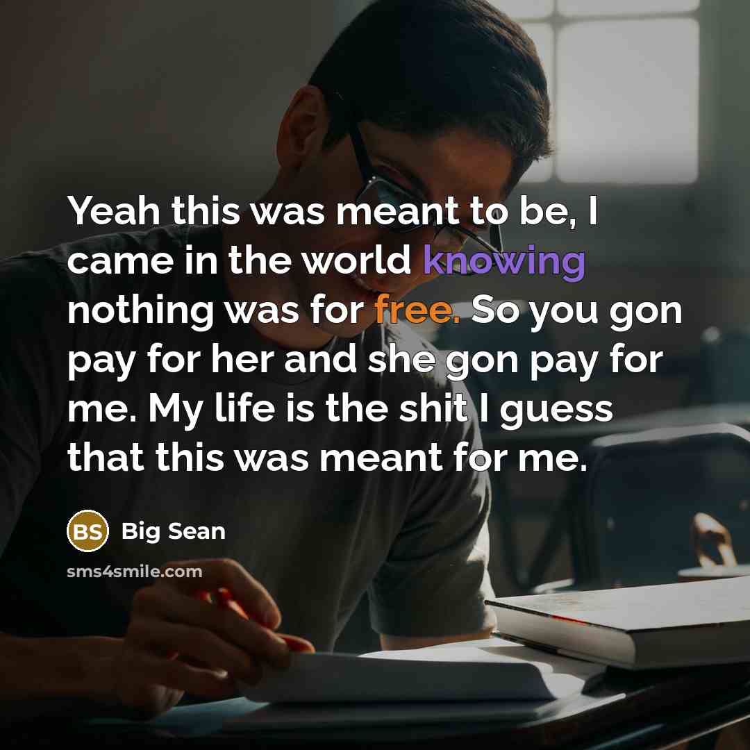 “Yeah this was meant to be, I came in the world knowing nothing was for free. So you gon pay for her and she gon pay for me. My life is the shit I guess that this was meant for me.” quote by Big Sean