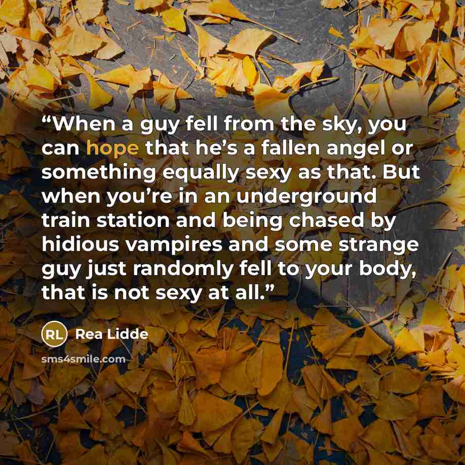 “When a guy fell from the sky, you can hope that he’s a fallen angel or something equally sexy as that. But when you’re in an underground train station and being chased by hidious vampires and some strange guy just randomly fell to your body, that is not sexy at all.” quote by Rea Lidde