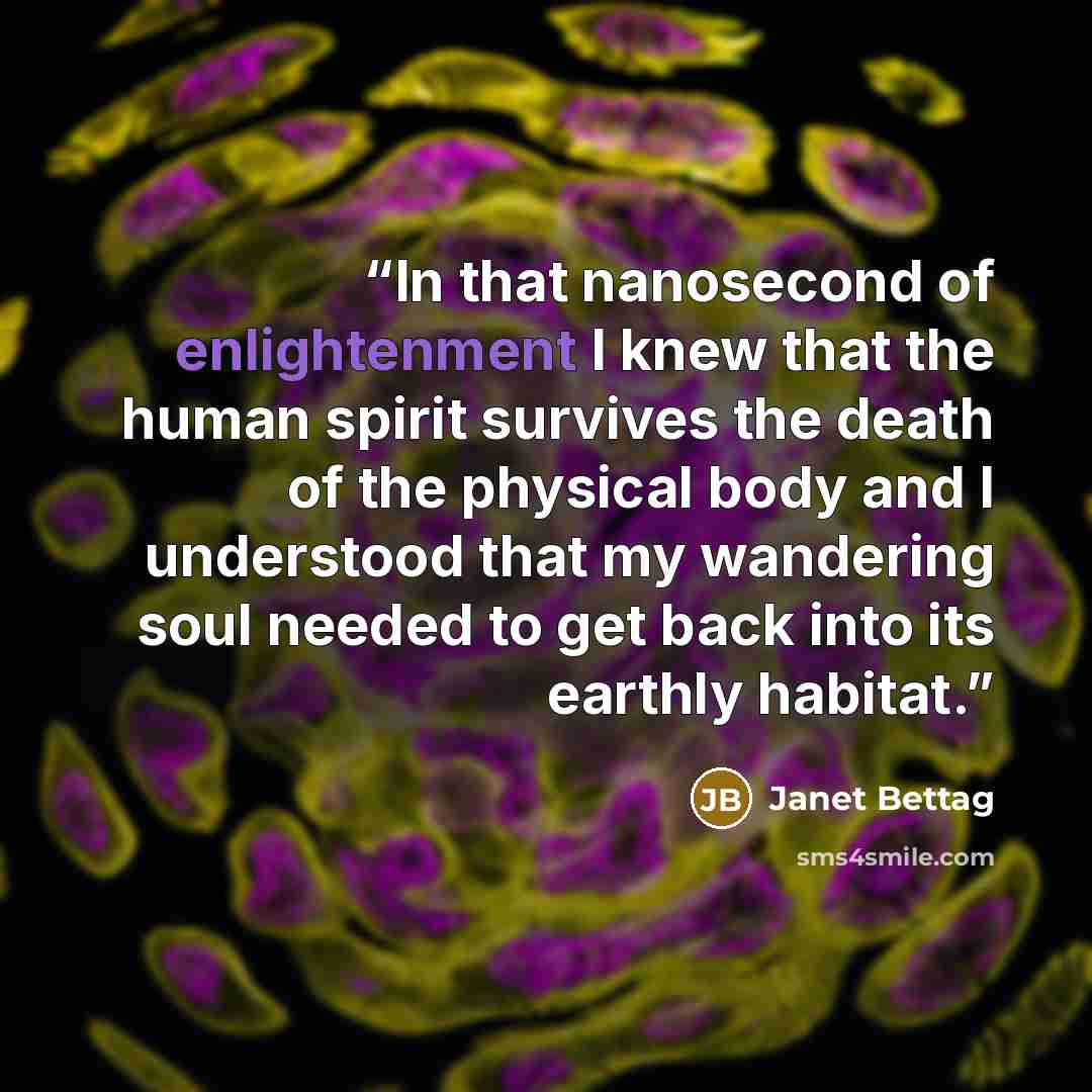 “In that nanosecond of enlightenment I knew that the human spirit survives the death of the physical body and I understood that my wandering soul needed to get back into its earthly habitat.” quote by Janet Bettag