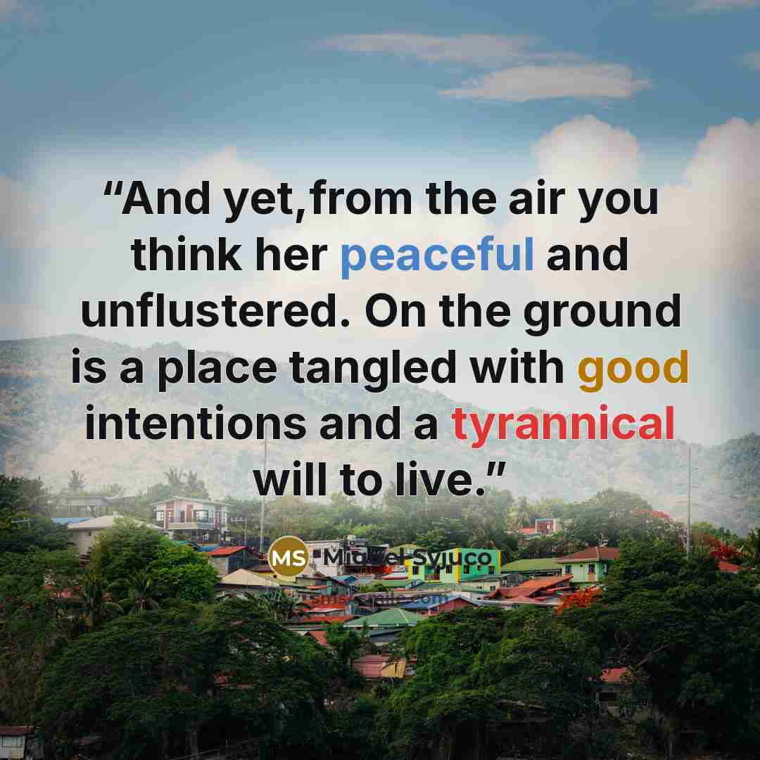 “And yet,from the air you think her peaceful and unflustered. On the ground is a place tangled with good intentions and a tyrannical will to live.” quote by Miguel Syjuco