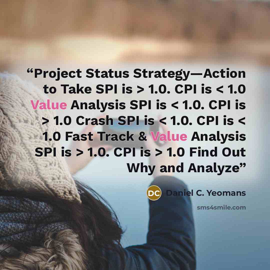 “Project Status Strategy—Action to Take SPI is > 1.0. CPI is < 1.0 Value Analysis SPI is < 1.0. CPI is > 1.0 Crash SPI is < 1.0. CPI is < 1.0 Fast Track & Value Analysis SPI is > 1.0. CPI is > 1.0 Find Out Why and Analyze” quote by Daniel C. Yeomans