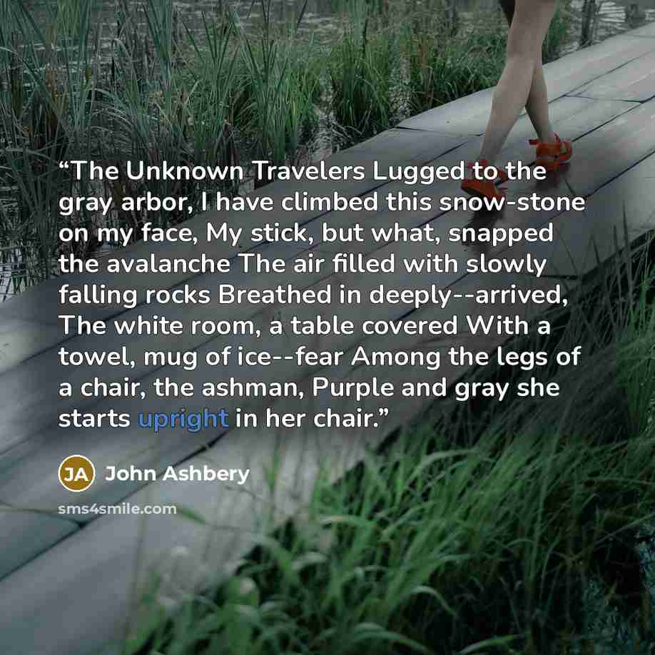 “The Unknown Travelers Lugged to the gray arbor, I have climbed this snow-stone on my face, My stick, but what, snapped the avalanche The air filled with slowly falling rocks Breathed in deeply--arrived, The white room, a table covered With a towel, mug of ice--fear Among the legs of a chair, the…” quote by John Ashbery