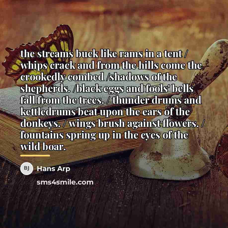 “the streams buck like rams in a tent / whips…” quote by Hans Arp