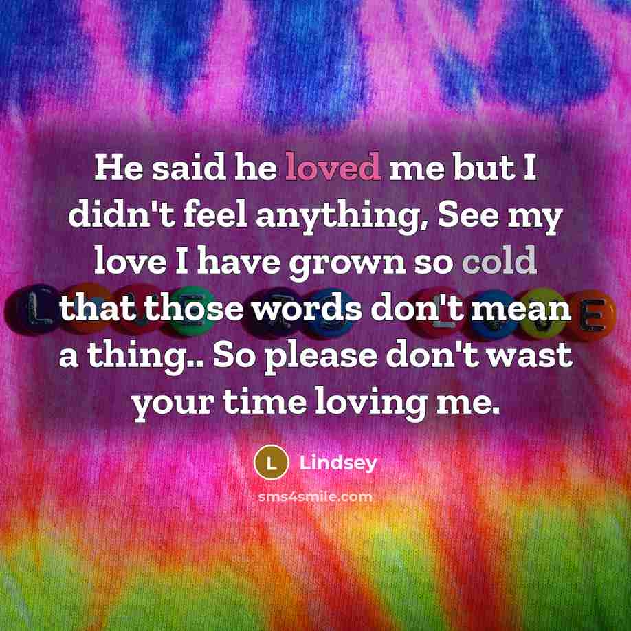 “He said he loved me but I didn't feel anything, See my love I have grown so cold that those words don't mean a thing.. So please don't wast your time loving me.” quote by Lindsey