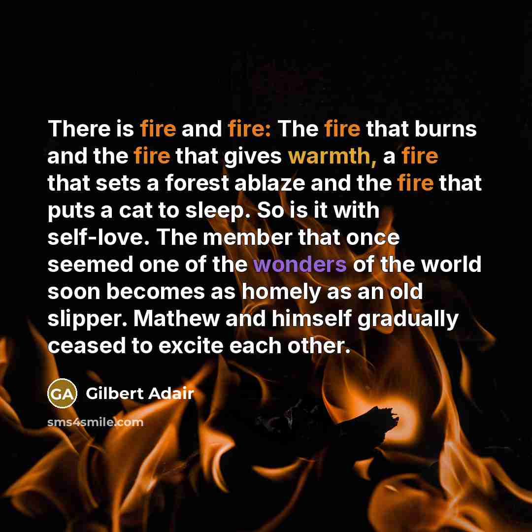 “There is fire and fire: The fire that burns and the fire that gives warmth, a fire that sets a forest ablaze and the fire that puts a cat to sleep. So is it with self-love. The member that once seemed one of the wonders of the world soon becomes as homely as an old slipper. Mathew and himself…” quote by Gilbert Adair