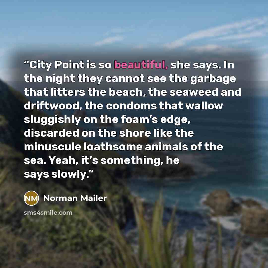 “City Point is so beautiful, she says. In the night they cannot see the garbage that litters the beach, the seaweed and driftwood, the condoms that wallow sluggishly on the foam’s edge, discarded on the shore like the minuscule loathsome animals of the sea. Yeah, it’s something, he says slowly.” quote by Norman Mailer