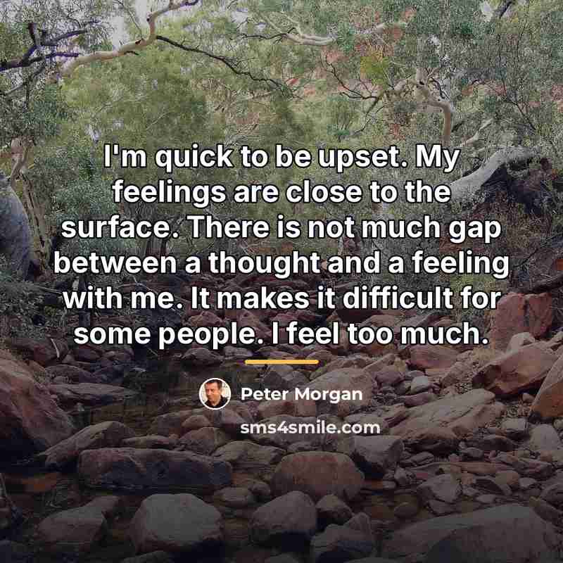 “I'm quick to be upset. My feelings are close to…” quote by Peter Morgan