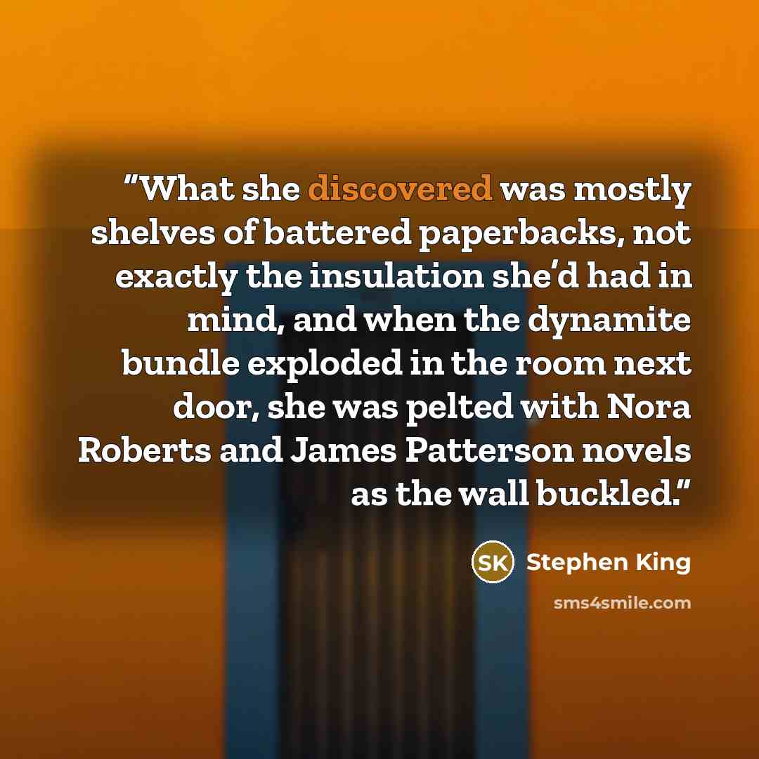 “What she discovered was mostly shelves of battered paperbacks, not exactly the insulation she’d had in mind, and when the dynamite bundle exploded in the room next door, she was pelted with Nora Roberts and James Patterson novels as the wall buckled.” quote by Stephen King