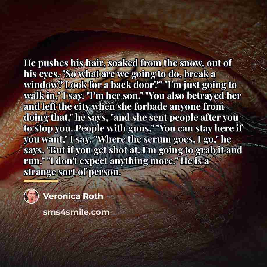 “He pushes his hair, soaked from the snow, out of…” quote by Veronica Roth