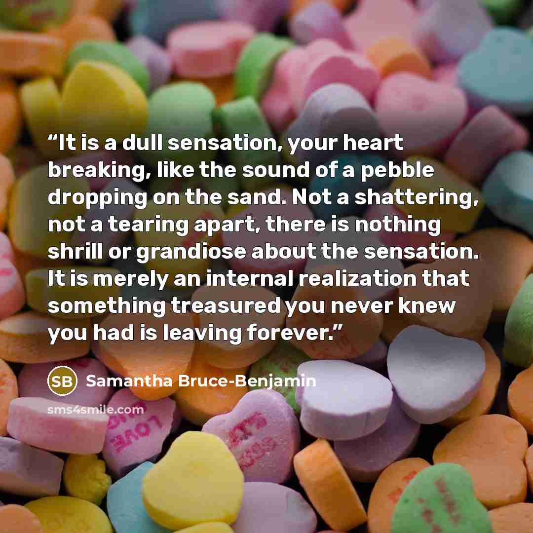 “It is a dull sensation, your heart breaking, like the sound of a pebble dropping on the sand. Not a shattering, not a tearing apart, there is nothing shrill or grandiose about the sensation. It is merely an internal realization that something treasured you never knew you had is leaving forever.” quote by Samantha Bruce-Benjamin