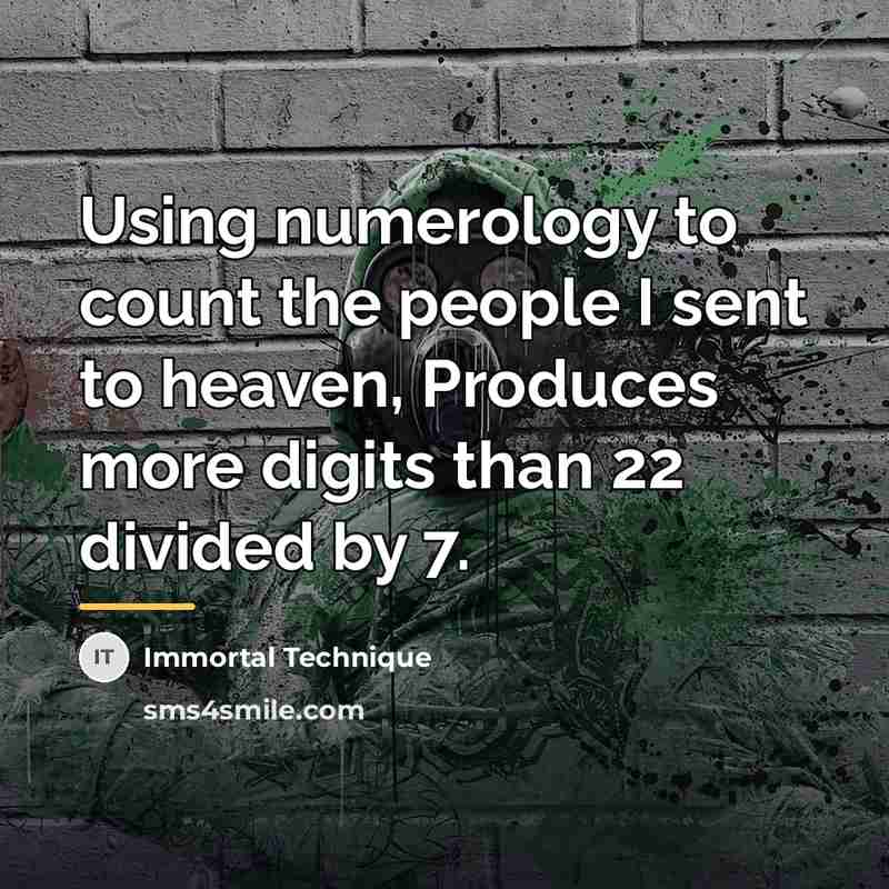 “Using numerology to count the people I sent to heaven,…” quote by Immortal Technique