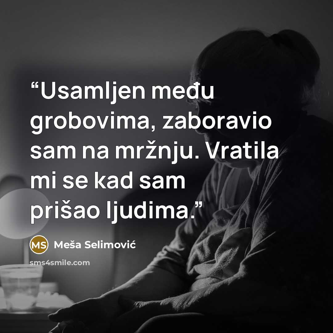 “Usamljen među grobovima, zaboravio sam na mržnju. Vratila mi se kad sam prišao ljudima.” quote by Meša Selimović