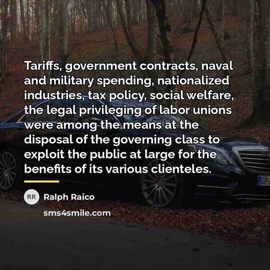 “Tariffs, government contracts, naval and military spending, nationalized industries, tax…” quote by Ralph Raico