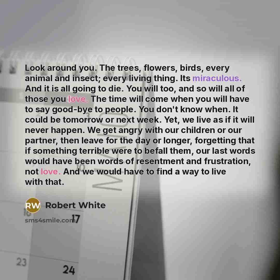 “Look around you. The trees, flowers, birds, every animal and insect; every living thing. Its miraculous. And it is all going to die. You will too, and so will all of those you love. The time will come when you will have to say good-bye to people. You don't know when. It could be tomorrow or next…” quote by Robert White