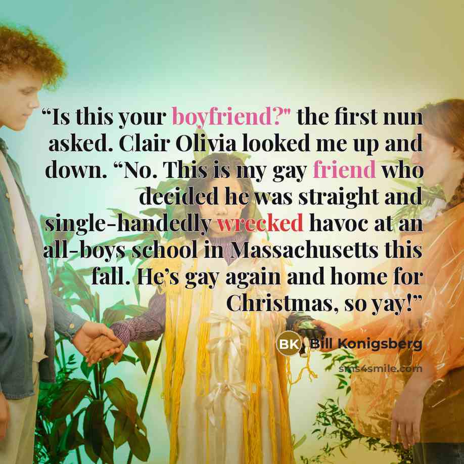 “Is this your boyfriend?" the first nun asked. Clair Olivia looked me up and down. “No. This is my gay friend who decided he was straight and single-handedly wrecked havoc at an all-boys school in Massachusetts this fall. He’s gay again and home for Christmas, so yay!” quote by Bill Konigsberg
