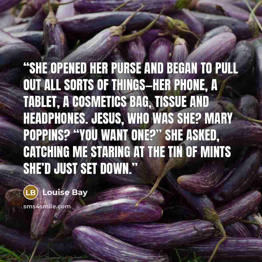 “She opened her purse and began to pull out all sorts of things—her phone, a tablet, a cosmetics bag, tissue and headphones. Jesus, who was she? Mary Poppins? “You want one?” she asked, catching me staring at the tin of mints she’d just set down.” quote by Louise Bay