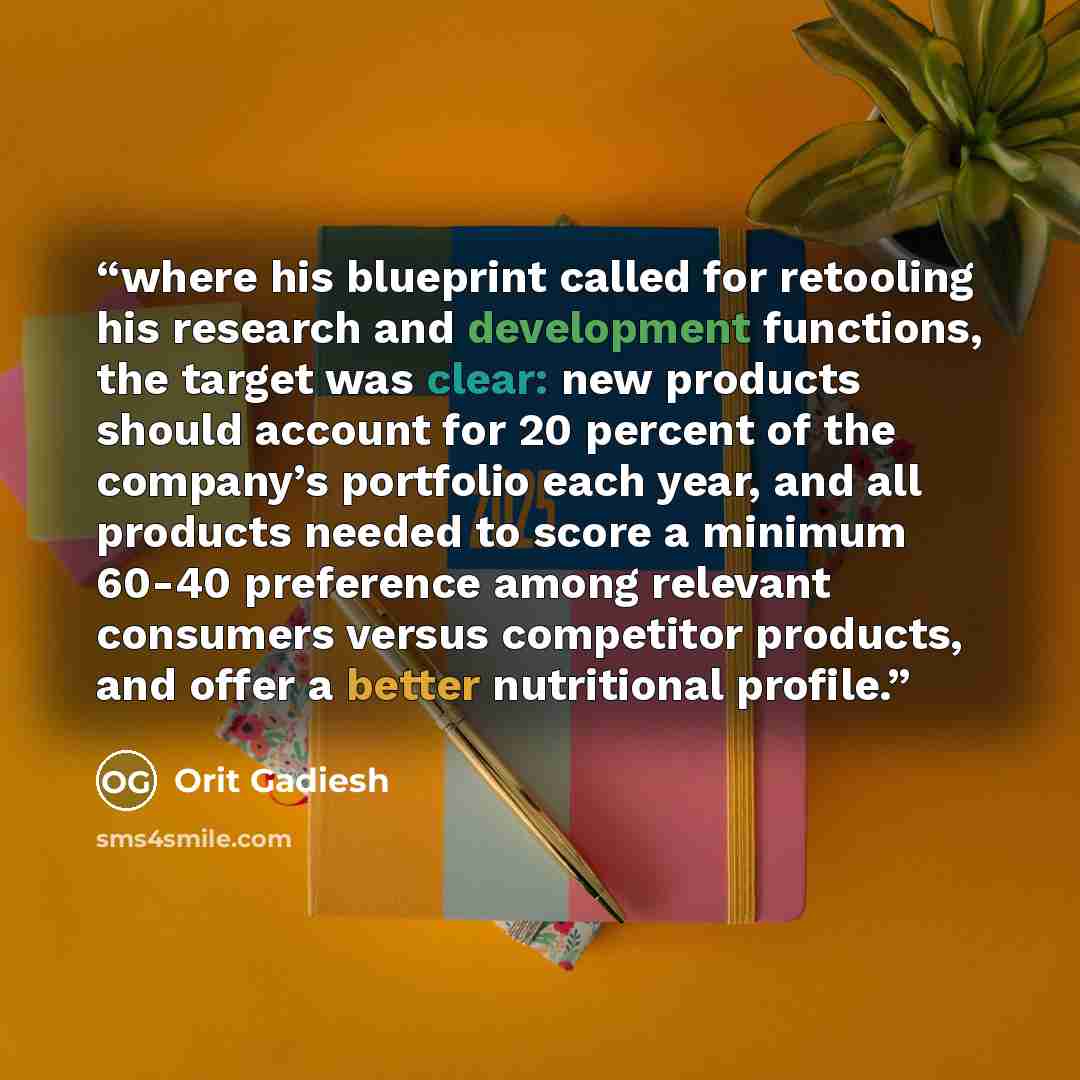 “where his blueprint called for retooling his research and development functions, the target was clear: new products should account for 20 percent of the company’s portfolio each year, and all products needed to score a minimum 60-40 preference among relevant consumers versus competitor products…” quote by Orit Gadiesh