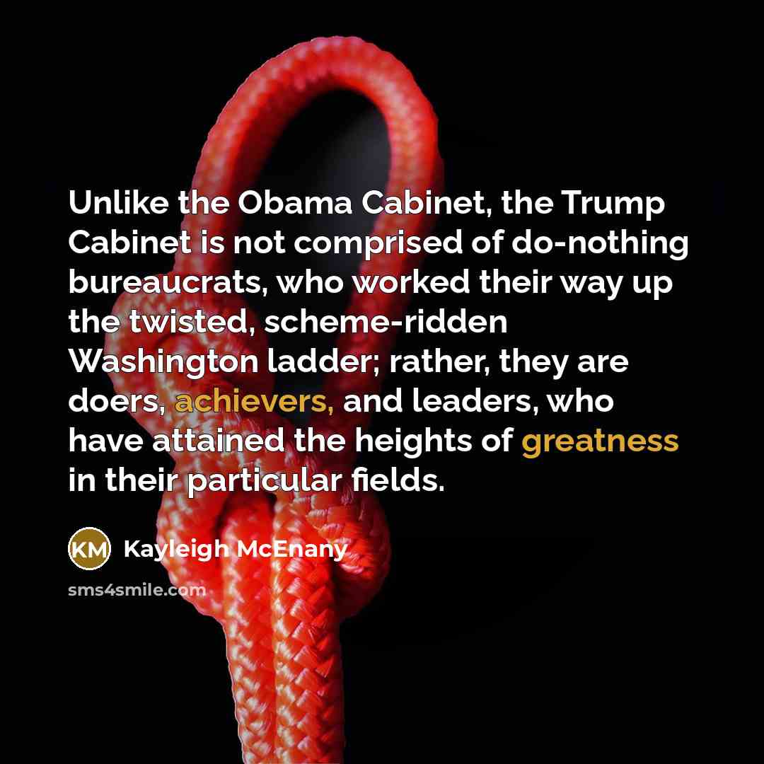 “Unlike the Obama Cabinet, the Trump Cabinet is not comprised of do-nothing bureaucrats, who worked their way up the twisted, scheme-ridden Washington ladder; rather, they are doers, achievers, and leaders, who have attained the heights of greatness in their particular fields.” quote by Kayleigh McEnany