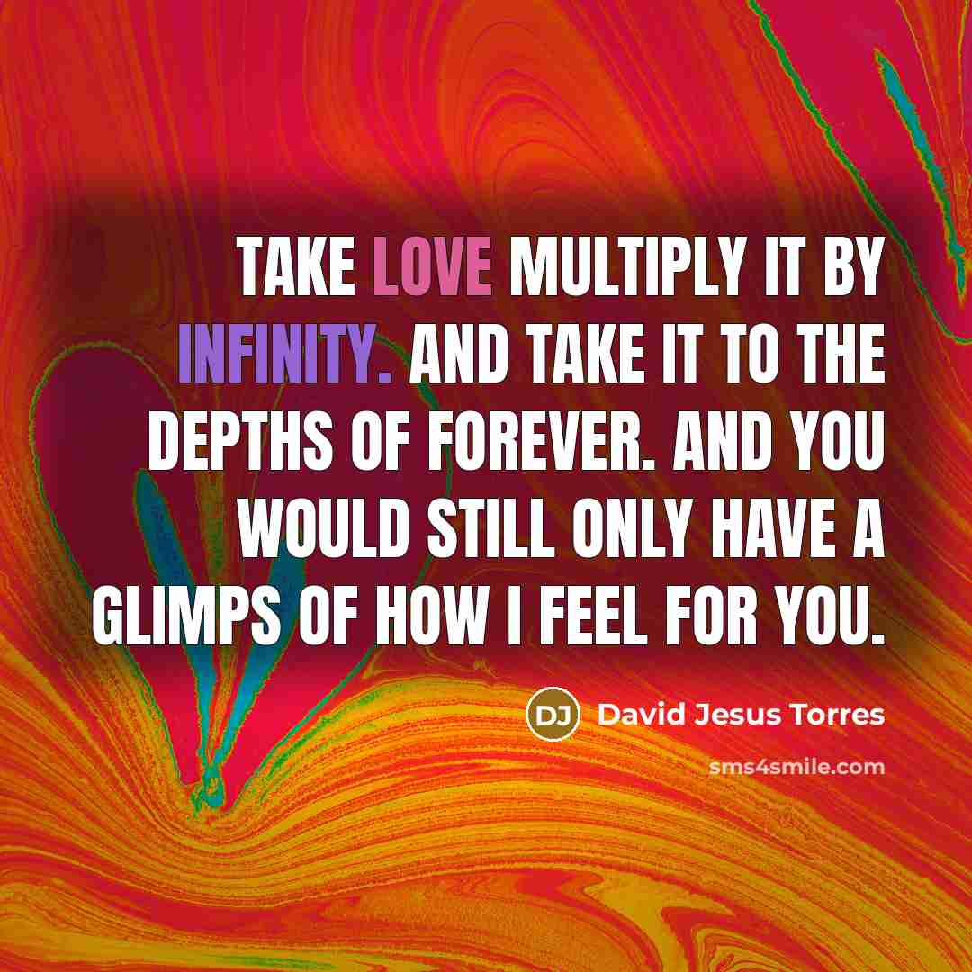 “Take love multiply it by infinity. and take it to the depths of forever. and you would still only have a glimps of how I feel for you.” quote by David Jesus Torres