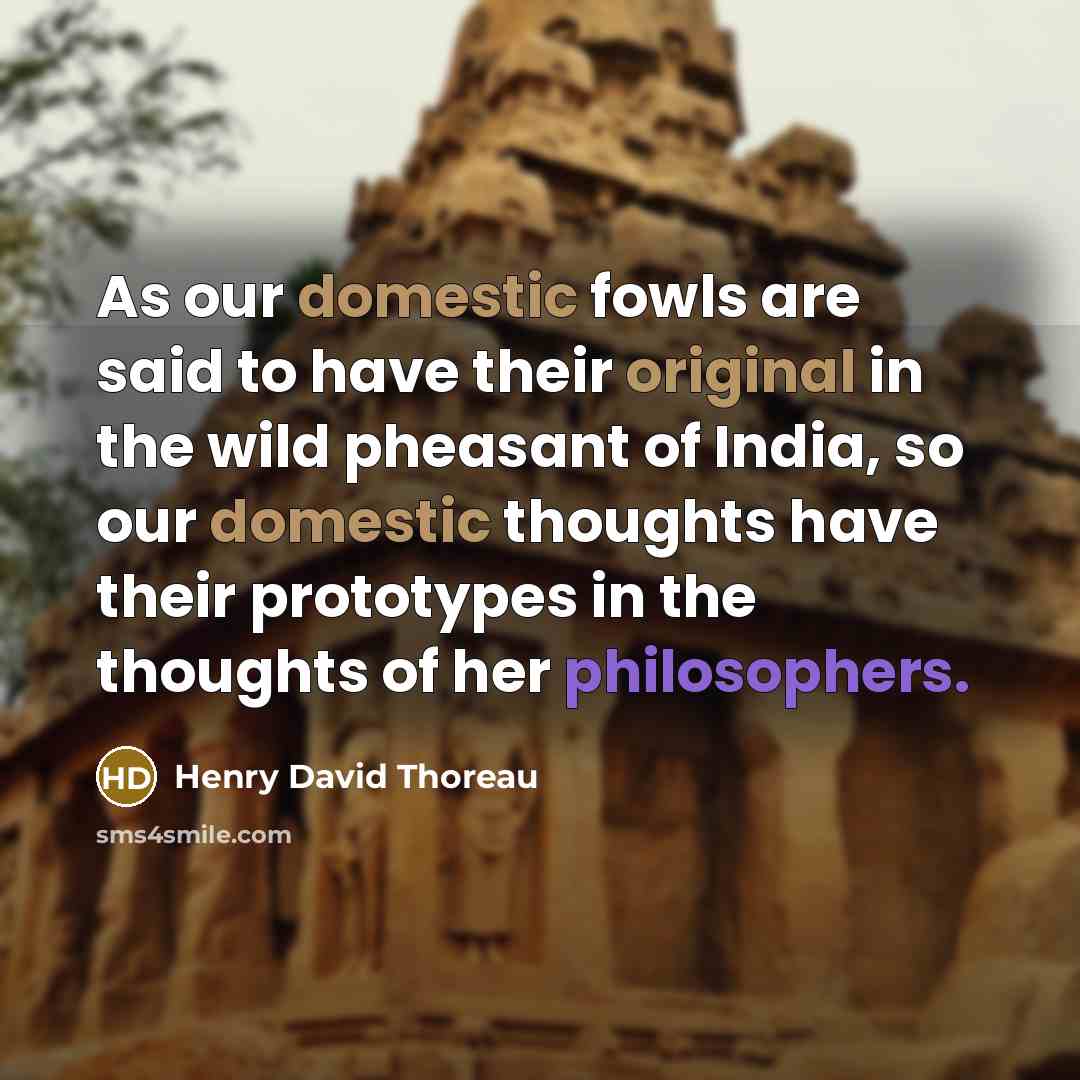 “As our domestic fowls are said to have their original in the wild pheasant of India, so our domestic thoughts have their prototypes in the thoughts of her philosophers.” quote by Henry David Thoreau