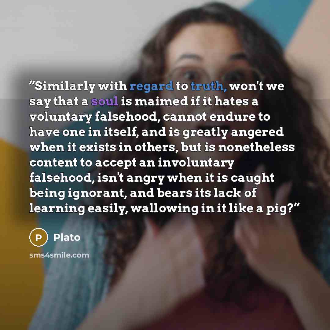 “Similarly with regard to truth, won't we say that a soul is maimed if it hates a voluntary falsehood, cannot endure to have one in itself, and is greatly angered when it exists in others, but is nonetheless content to accept an involuntary falsehood, isn't angry when it is caught being ignorant…” quote by Plato