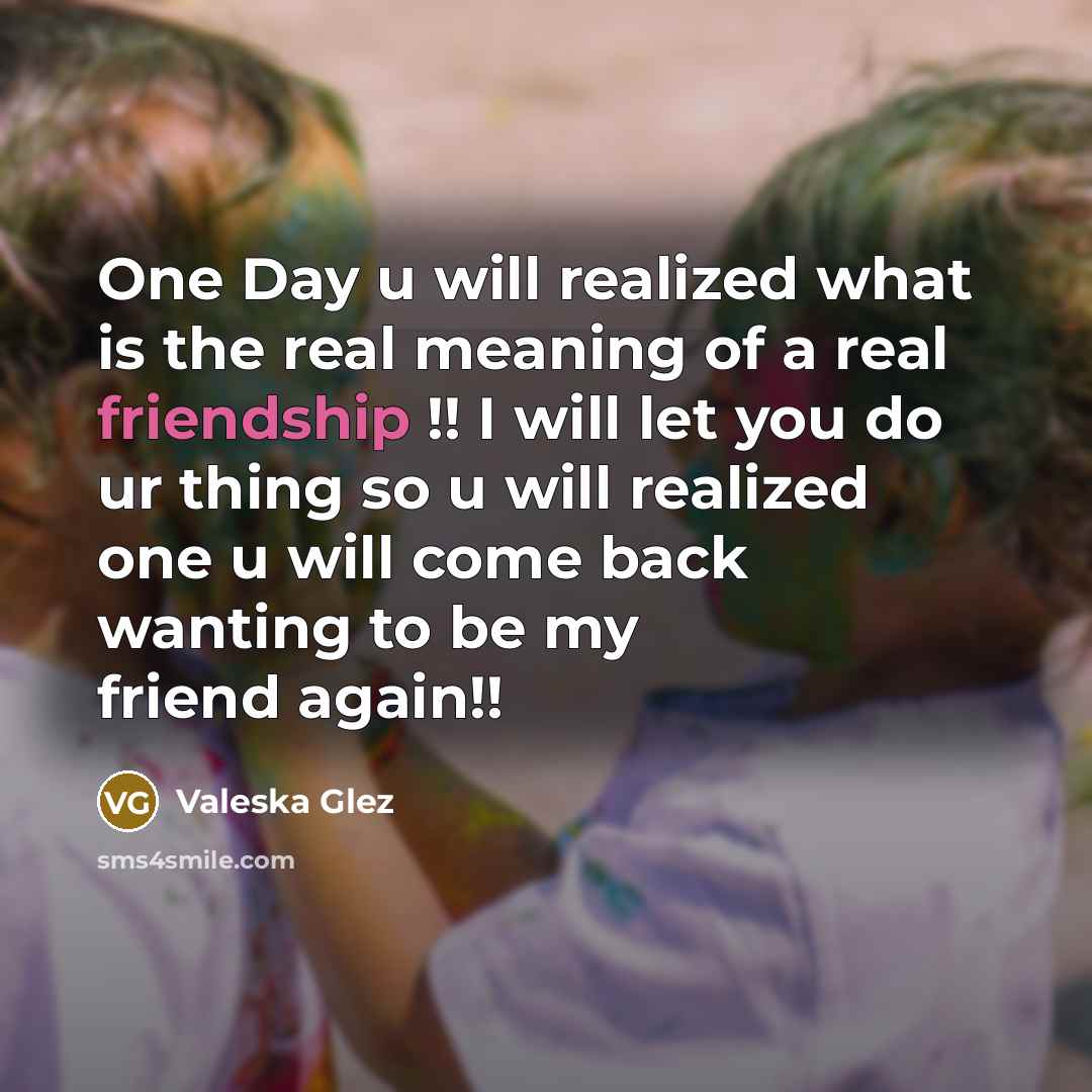 “One Day u will realized what is the real meaning of a real friendship !! I will let you do ur thing so u will realized one u will come back wanting to be my friend again!!” quote by Valeska Glez