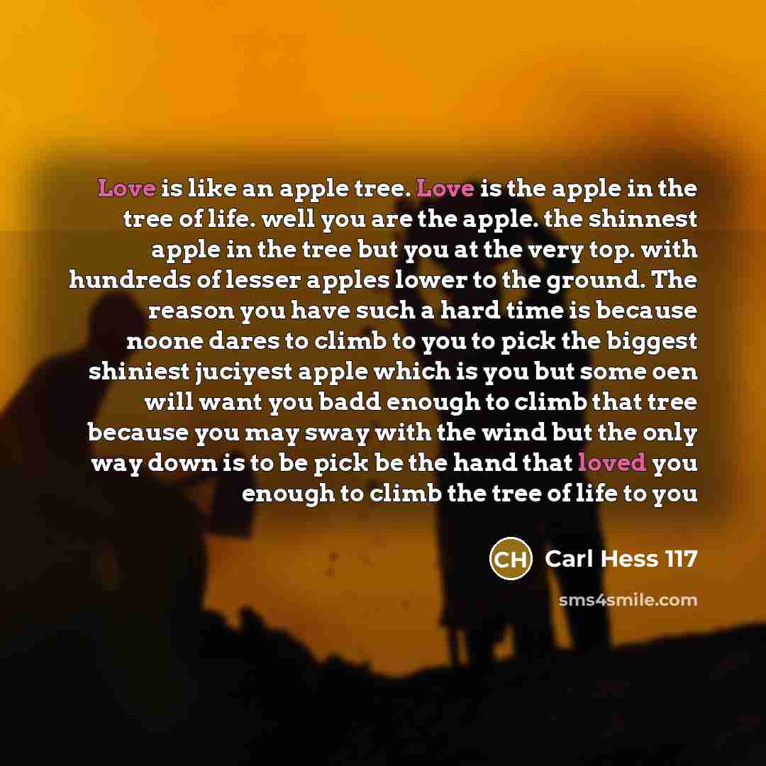“Love is like an apple tree. Love is the apple in the tree of life. well you are the apple. the shinnest apple in the tree but you at the very top. with hundreds of lesser apples lower to the ground. The reason you have such a hard time is because noone dares to climb to you to pick the biggest…” quote by Carl Hess 117