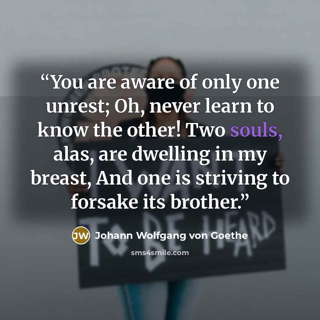 “You are aware of only one unrest; Oh, never learn to know the other! Two souls, alas, are dwelling in my breast, And one is striving to forsake its brother.” quote by Johann Wolfgang von Goethe