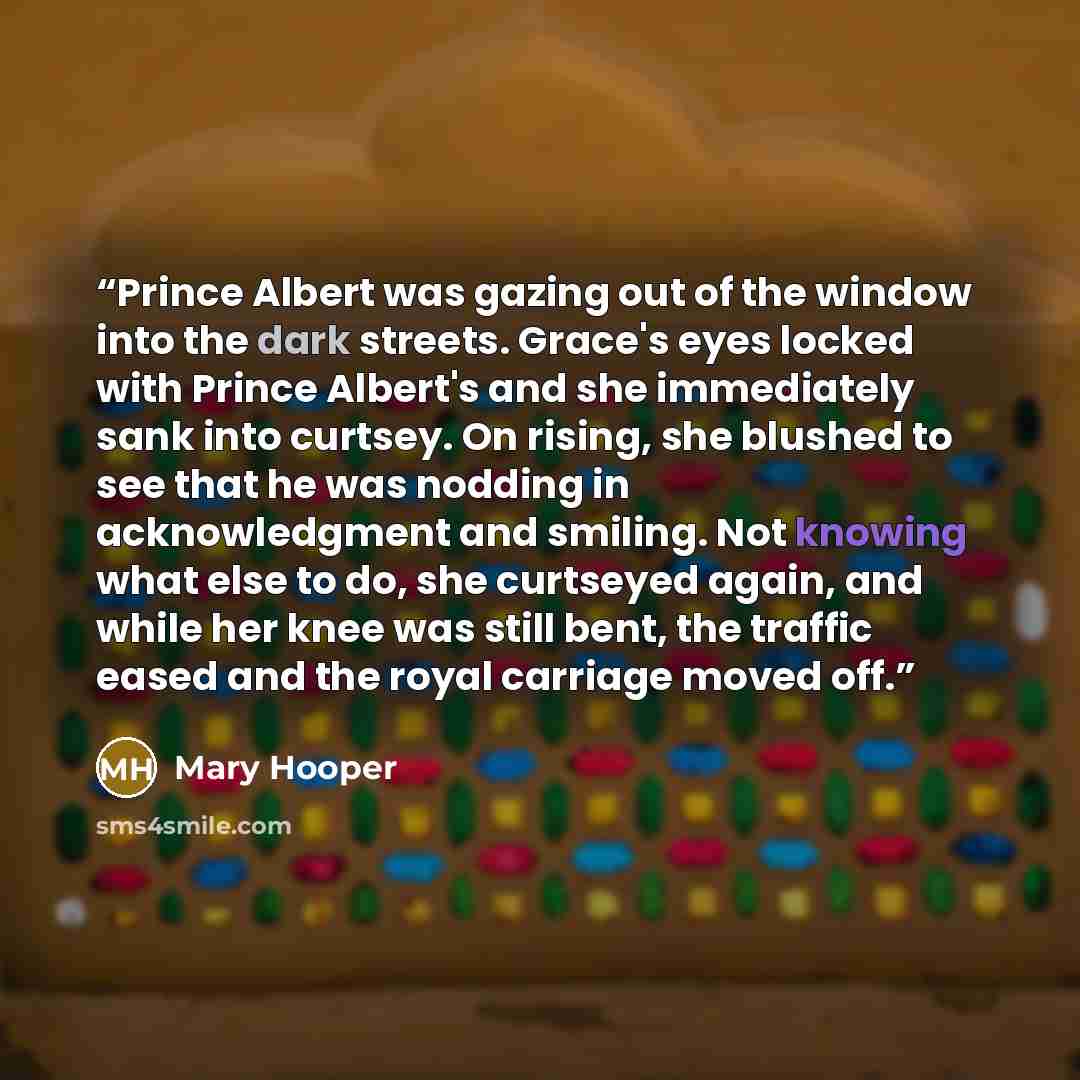 “Prince Albert was gazing out of the window into the dark streets. Grace's eyes locked with Prince Albert's and she immediately sank into curtsey. On rising, she blushed to see that he was nodding in acknowledgment and smiling. Not knowing what else to do, she curtseyed again, and while her knee…” quote by Mary Hooper