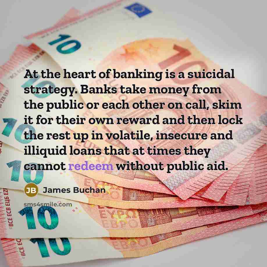 “At the heart of banking is a suicidal strategy. Banks…” quote by James Buchan