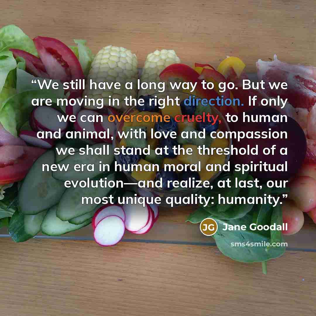 “We still have a long way to go. But we are moving in the right direction. If only we can overcome cruelty, to human and animal, with love and compassion we shall stand at the threshold of a new era in human moral and spiritual evolution—and realize, at last, our most unique quality: humanity.” quote by Jane Goodall