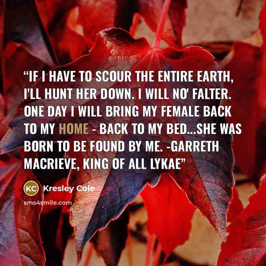 “If I have to scour the entire earth, I'll hunt her down. I will no' falter. One day I will bring my female back to my home - back to my bed...She was born to be found by me. -Garreth MacRieve, King of all Lykae” quote by Kresley Cole