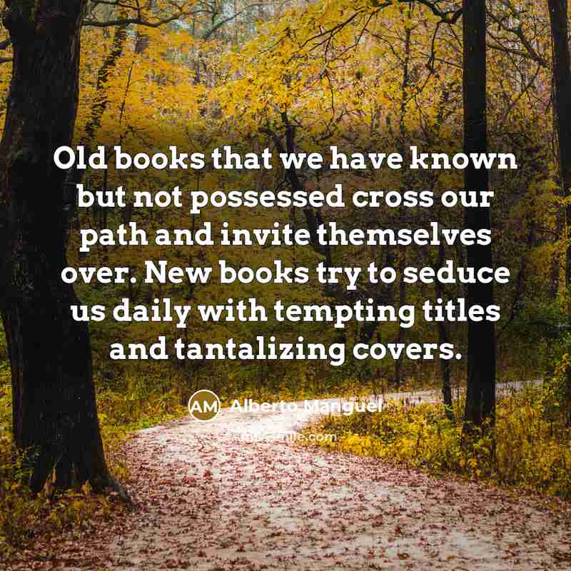 “Old books that we have known but not possessed cross…” quote by Alberto Manguel