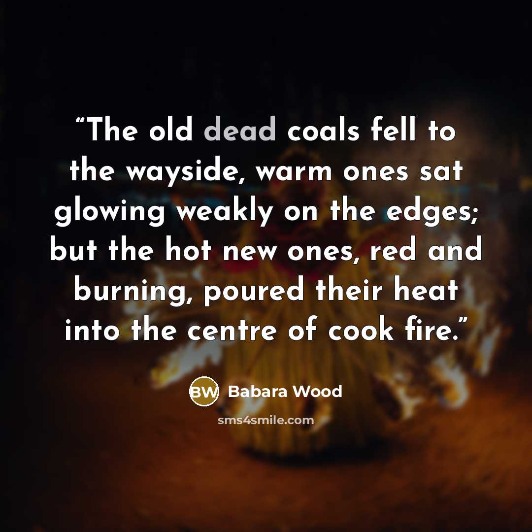 “The old dead coals fell to the wayside, warm ones sat glowing weakly on the edges; but the hot new ones, red and burning, poured their heat into the centre of cook fire.” quote by Babara Wood