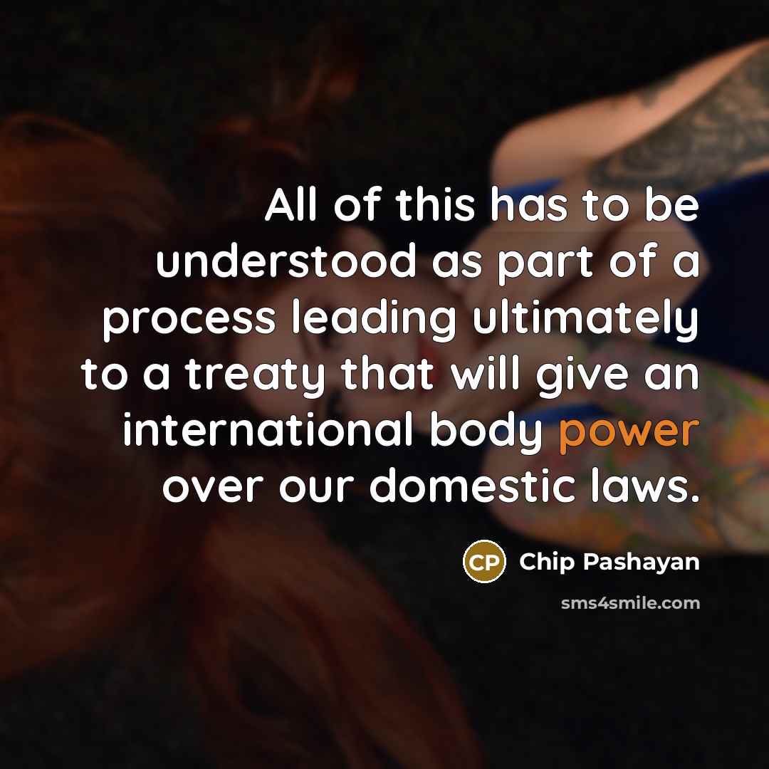 “All of this has to be understood as part of a process leading ultimately to a treaty that will give an international body power over our domestic laws.” quote by Chip Pashayan