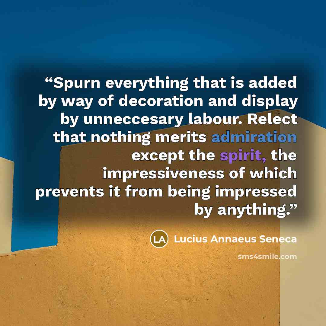 “Spurn everything that is added by way of decoration and display by unneccesary labour. Relect that nothing merits admiration except the spirit, the impressiveness of which prevents it from being impressed by anything.” quote by Lucius Annaeus Seneca