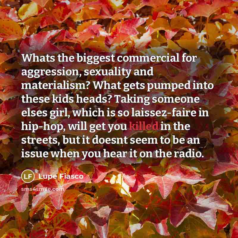 “Whats the biggest commercial for aggression, sexuality and materialism? What…” quote by Lupe Fiasco
