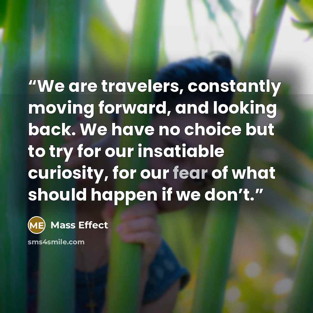 “We are travelers, constantly moving forward, and looking back. We have no choice but to try for our insatiable curiosity, for our fear of what should happen if we don’t.” quote by Mass Effect